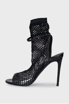 Fishnet sandals with rhinestones