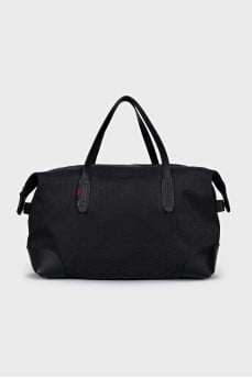 Black textile bag with a signature print