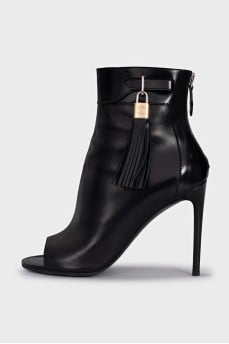 Black leather open toe ankle boots