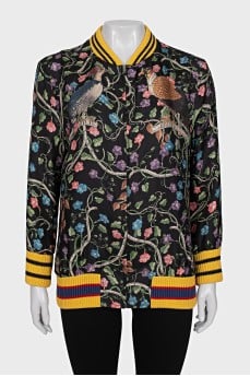 Black printed silk bomber jacket