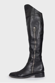 Black leather pointed toe boots
