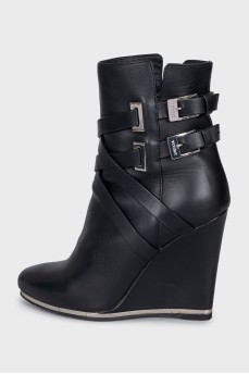 Black leather wedge ankle boots
