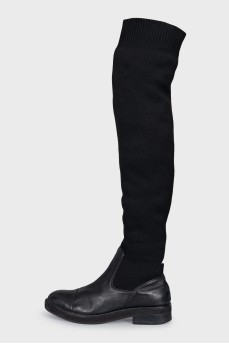 Black leather and fabric over-the-knee boots