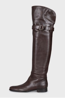 Brown leather over-the-knee boots with buckle