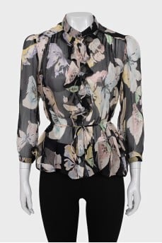 Sheer black blouse with floral print