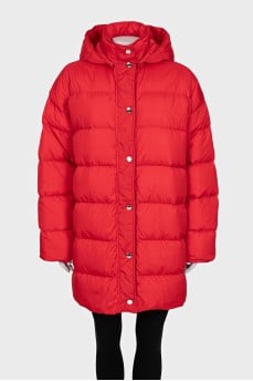 Straight-cut down jacket with a snap-button hood