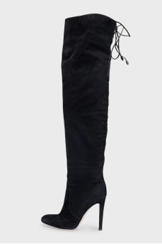 Black suede stiletto heeled over-the-knee boots