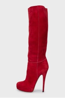 Red suede heeled boots