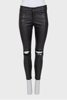 Leather trousers with distressed knees