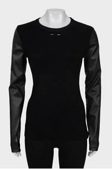 Wool jumper with leather sleeves