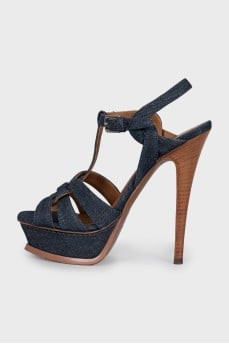 High-heeled denim sandals