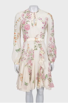Printed silk dress with long sleeves