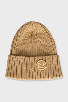 A hat decorated with a branded patch