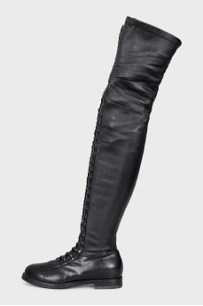 Leather over-the-knee boots with lacing