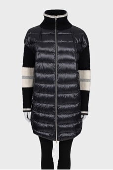 Blue down jacket with knitted sleeves