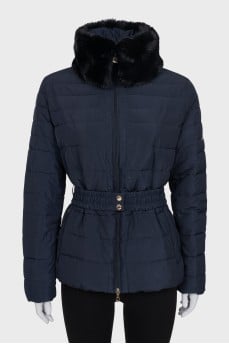 Blue down jacket with a belt