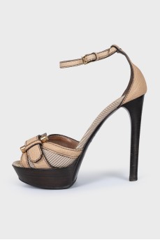 Leather and textile high-heeled sandals