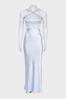Blue satin dress with rhinestones