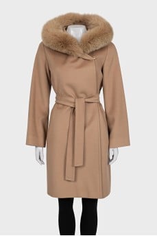 Wool coat with a fur hood