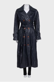 Double-breasted eco-leather coat with belt