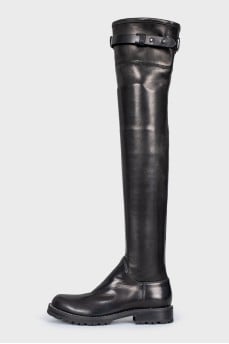 Leather over-the-knee boots with rhinestones