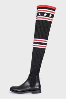 Over-the-knee boots made of textile and rubber with a print