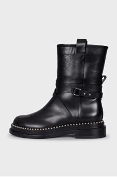 Black leather boots with silver trim
