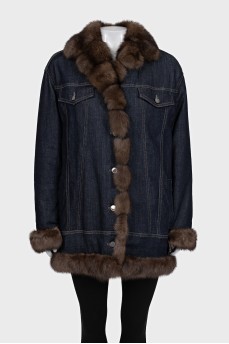 Denim down jacket with fur trim
