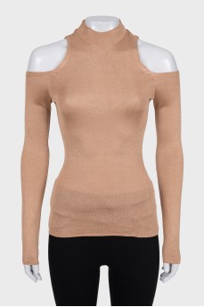 Beige top with off-the-shoulder cutouts