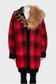 Checkered cardigan with detachable fur