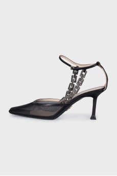 Mesh slingbacks with metallic embellishments