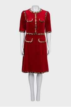 Velvet dress with animal print trim