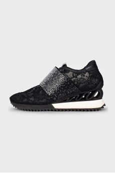 Black lace sneakers with rhinestones