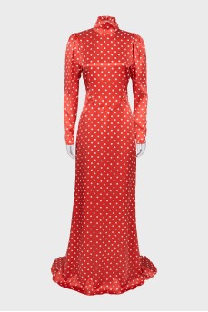 Polka dot silk dress with a train