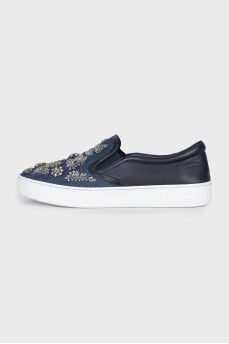 Denim slip-ons with rhinestones