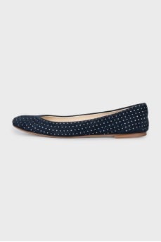 Blue suede ballet flats with rhinestones