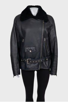 Leather aviator coat with fur