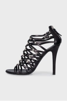 Black heeled sandals with rhinestones