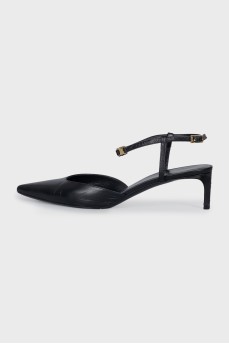Black kitten heel slingbacks with pointed toes