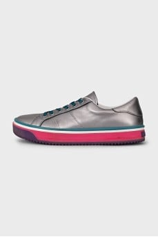 Silver leather lace-up sneakers