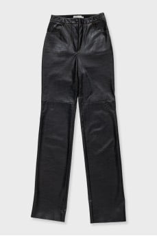 Black faux leather straight-leg trousers