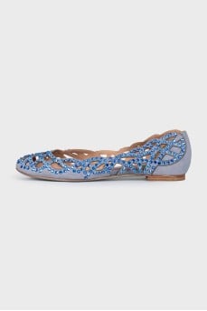 Perforated suede ballet flats with rhinestones