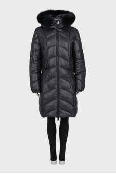 Black down jacket with a fur hood