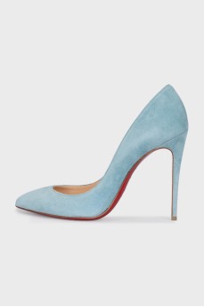Blue suede pumps with tag