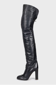 Leather over-the-knee boots with a stacked heel