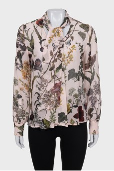 Semi-sheer printed tie-up blouse