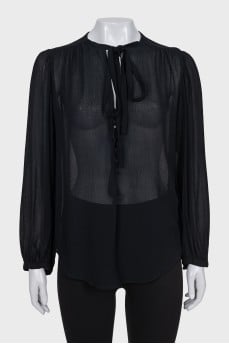 Straight-cut button-down blouse with ties