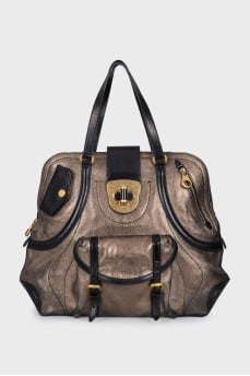 Gold leather tote with patch pockets
