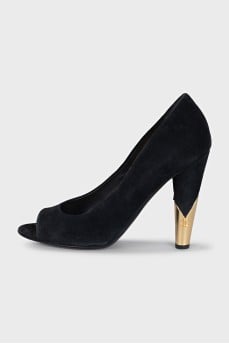 Suede shoes with gold heel accents
