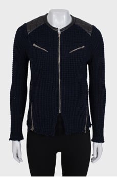 Zip-up cardigan with leather inserts